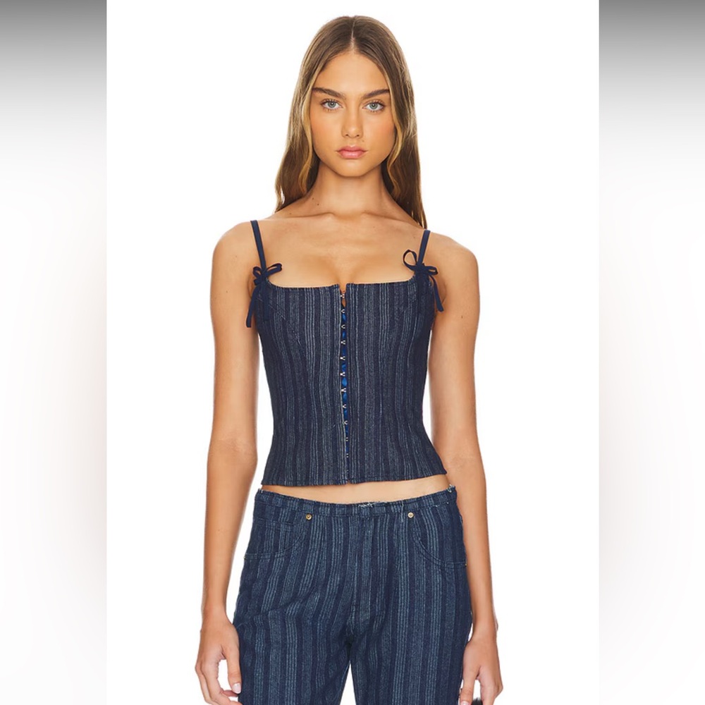 LIONESS Charismatic Denim Corset in Dark Pinstripe